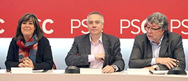 Núria Marín, el primer secretario del PSC, Pere Navarro, y el secretario de acción política del PSC y alcalde de Cornellà de Llobregat (Barcelona), Antoni Balmon
