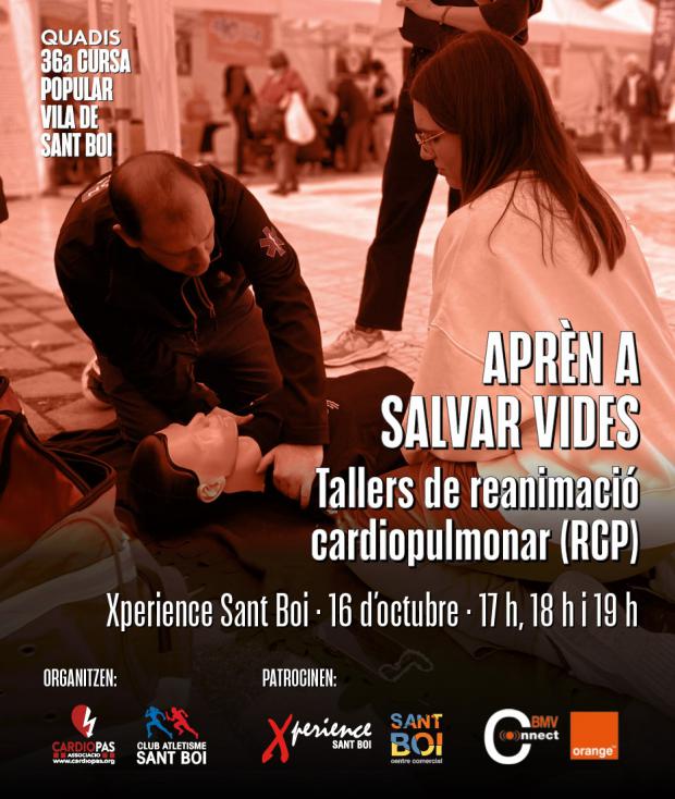 Cartel promocional del evento "Aprèn a salvar vidas", organizado por la Asociació CARDIOPAS y el Club Atletismo Sant Boi.