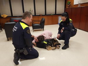 Lucía, con autismo diagnosticado, abraza a 'Kenia', de la unidad canina de la Policía Local de Sant Andreu de la Barca