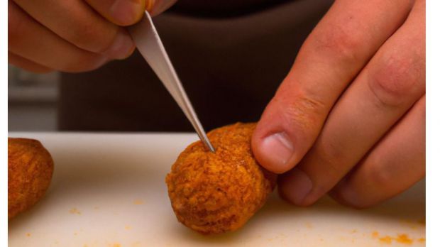 En un restaurante elegante, el chef prepara croquetas de carne con mucho cuidado. Está usando ingredientes de primera calidad, cocinando la harina perfectamente y freírlas en aceite a temperatura óptima para obtener el mejor resultado.