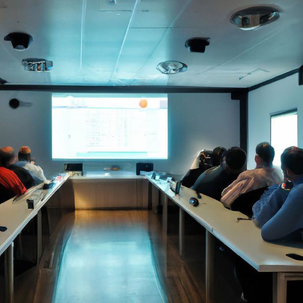 Un grupo de empresarios se reúne en el Institut Cerdà para recibir información sobre los riesgos identificados por el Observatorio. Están sentados alrededor de una gran mesa con pantallas interactivas, mientras que un experto explica los diferentes riesgos y cómo prevenirlos.