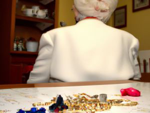 una anciana de espaldas con joyas encima de una mesa cercana