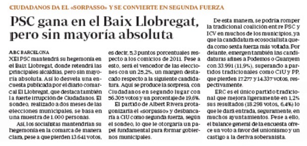 Articulo publicado en el diario ABC sobre la encuesta electoral realizada por EL LLOBREGAT
