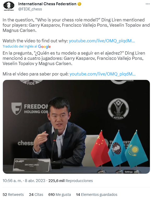 Tweet sobre las declaraciones de Ding Liren