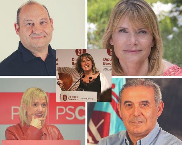 Núria Marín -centro-, alcaldesa de L'Hospitalet y presidenta de la Diputación de Barcelona; Carles Ruiz -izquierda arriba-, alcalde de Viladecans y diputado del Área de Recursos Humanos, Hacienda y Servicios Internos; Lluïsa Moret -derecha arriba-, alcaldesa de Sant Boi y diputada del Área de Cohesión Social, Ciudadanía y Bienestar; Pilar Díaz -izquierda abajo-, alcaldesa de Esplugues y diputada adjunta a la presidencia y Relaciones Internacionales; y Enric Llorca -derecha abajo-, alcalde de Sant Andreu de la Barca y diputado delegado de Salud Pública y Consumo