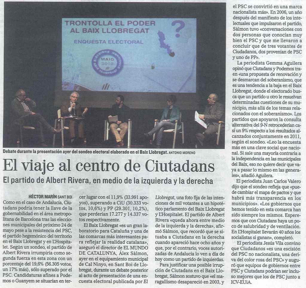 Articulo publicado en el diario EL MUNDO sobre la encuesta electoral realizada por EL LLOBREGAT