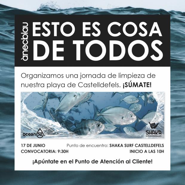 Cartel promocional de la limpieza de la playa de Castelldefels, organizada por el Centro Comercial ànecblau, en colaboración con Shaka Surf y Ocean 52.