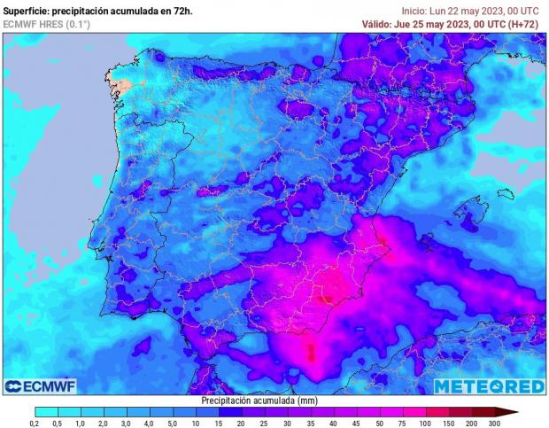 Acumulados de precipitación previstos hasta la tarde del martes en la Península y Baleares (FOTO: Meteored)