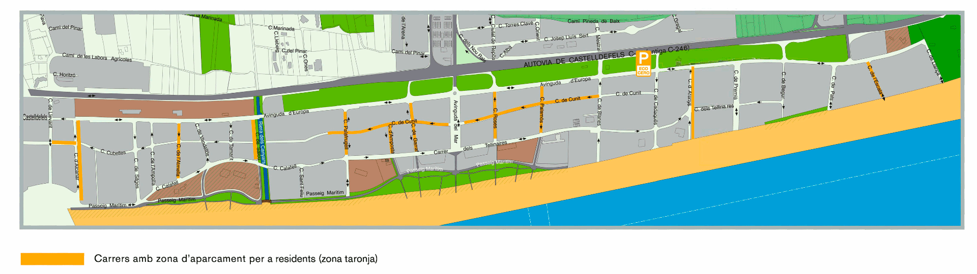 Mapa con las calles incluidas en la zona naranja de Gavà