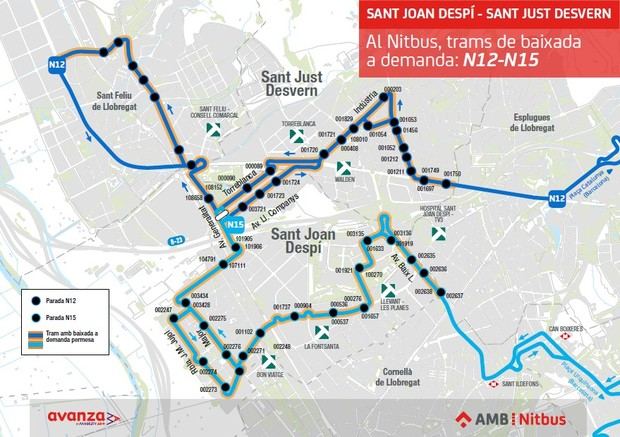 Sant Just Desvern dispone del servicio de parada a demanda en las líneas N12 y N15