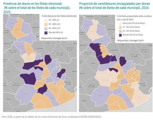 Mapa del porcentaje de presencia de mujeres en las listas electorales del Baix Llobregat