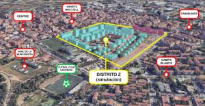 Simulación simbólica del futuro ‘Distrito Z’ de Sant Boi. En azul, las viviendas a proyectar en los terrenos del cuartel de Santa Elulalia y en violeta, la edificabilidad sobre la subcentral eléctrica (FOTO: Pau Granada)