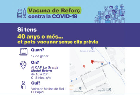 El 17 de enero celebrarán una jornada de vacunación sin cita previa en Molins de Rei