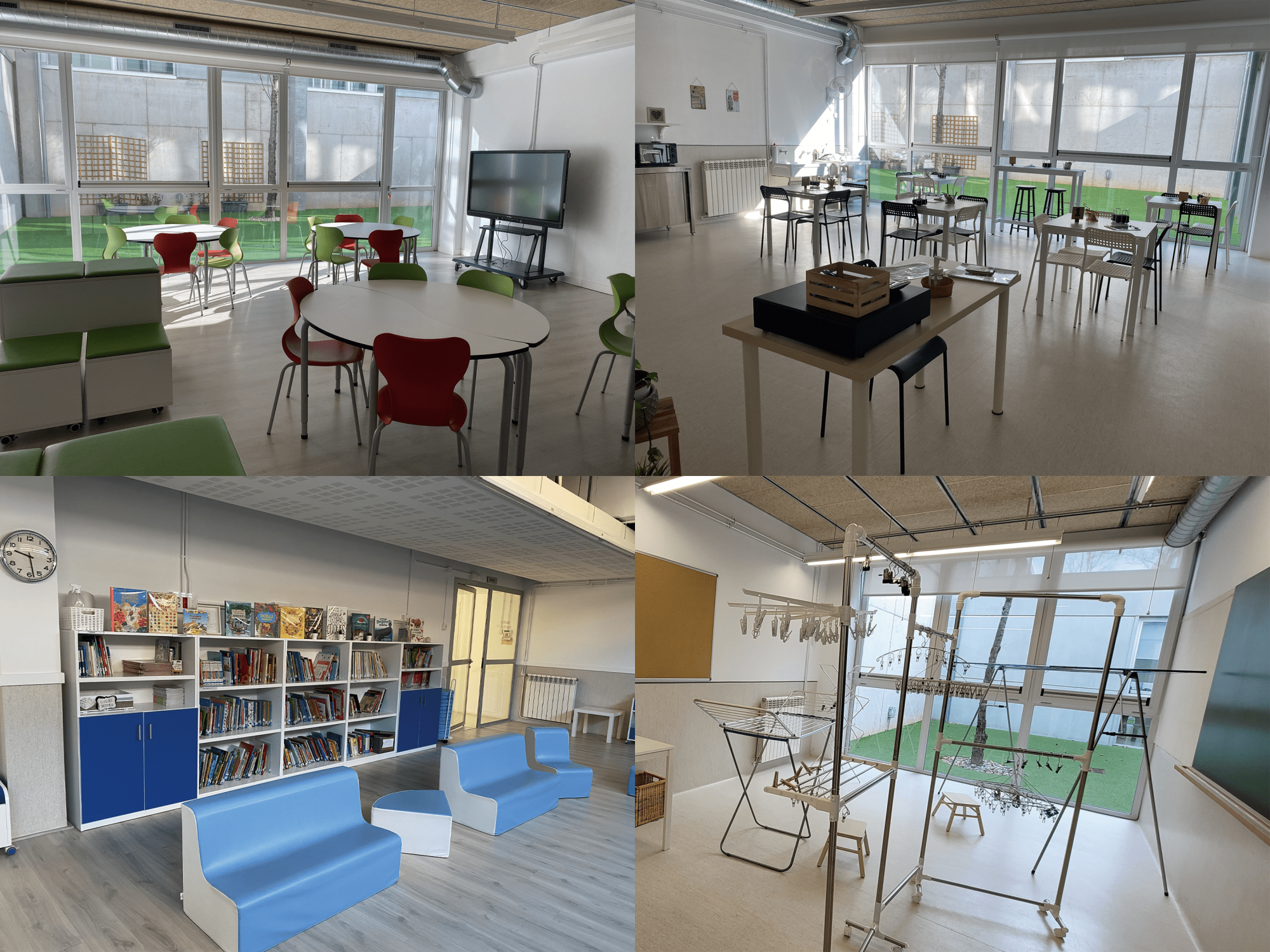 Varios espacios 'inteligentes' del colegio Miquel Martí i Pol de Viladecans: un aula (arriba izquierda, cafetería (arriba derecha), biblioteca (abajo izquierda) y lavandería (abajo derecha)