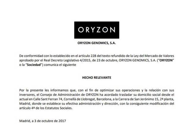 Oryzon Genomics se dispara en bolsa tras su cambio de sede de Cornellà a Madrid