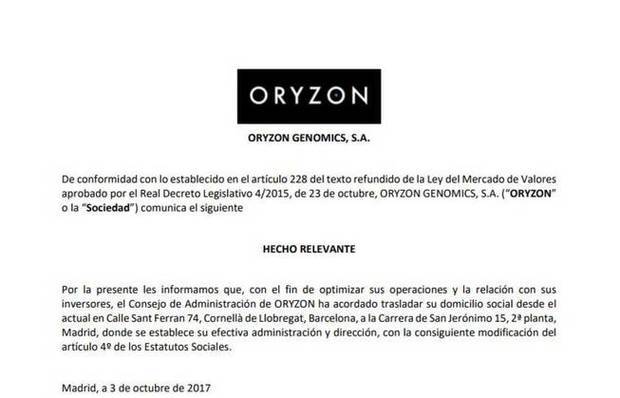 Oryzon Genomics se dispara en bolsa tras su cambio de sede de Cornellà a Madrid