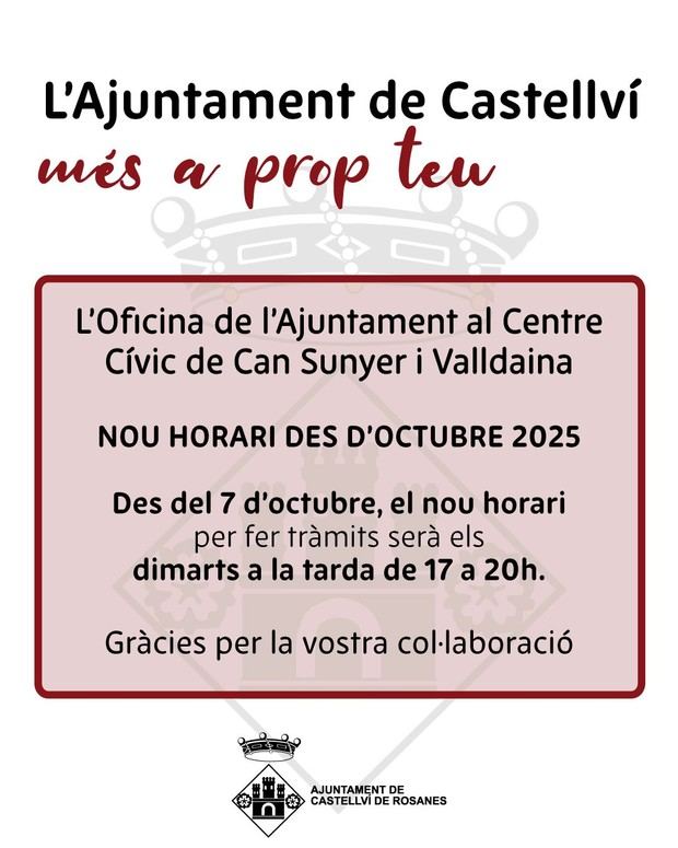 El horario de atención en Can Sunyer se modifica: ahora será los martes de 17 a 20h