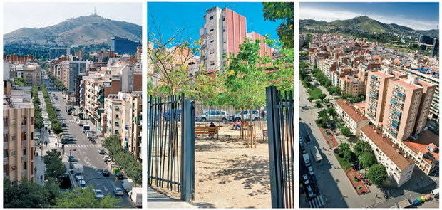 izquierda: avenida Torrent Gornal, frontera entre Collblanc, la Torrassa, la Florida y les Planes (eje Diagonal-granvia). centro: jardines de ‘Los Diablos’, en Collblanc. derecha: avenida Primavera  (La Florida) 