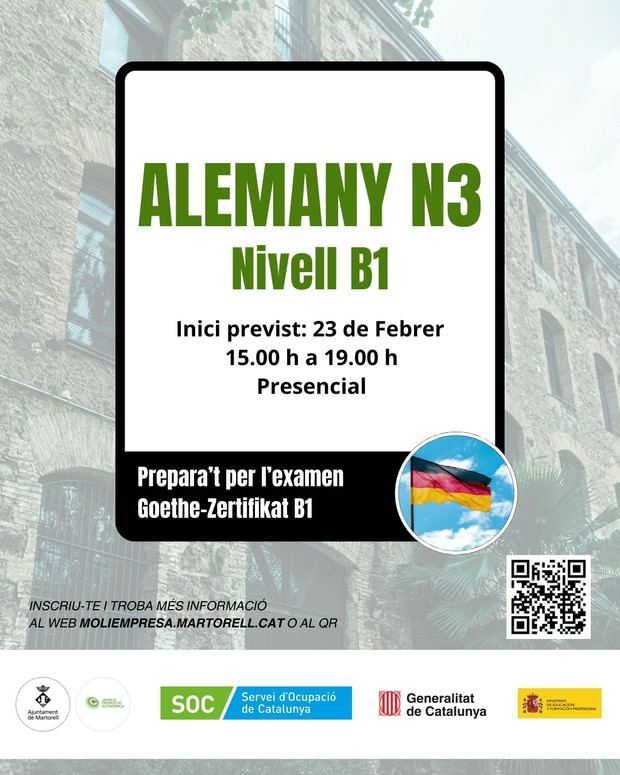 Martorell ofrece plazas para el curso de alemán B1 del 23 de febrero al 21 de mayo