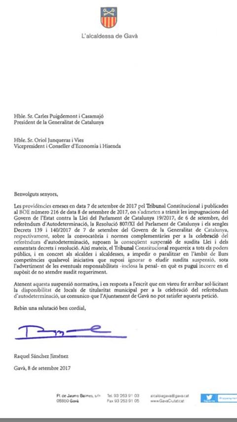 Carta enviada por la alcaldesa de Gavà, Raquel Sánchez, a Puigdemont y Junqueras