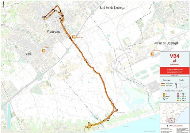 Recorrido de la línea  VB4 entre el núcleo urbano y las playas de Viladecans. 