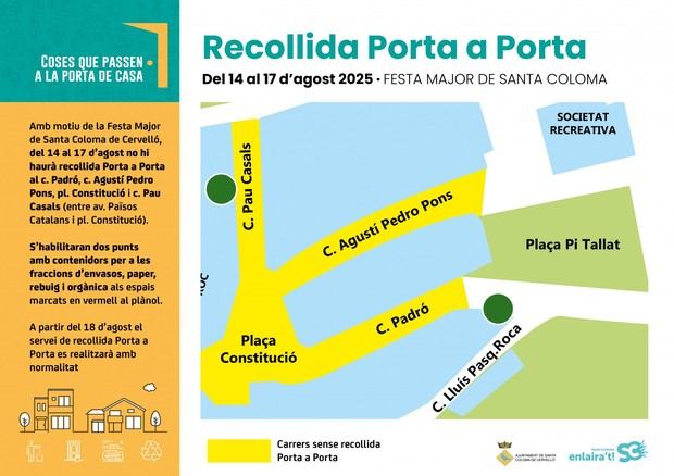 Recogida de residuos alterada durante la Festa Major en Santa Coloma