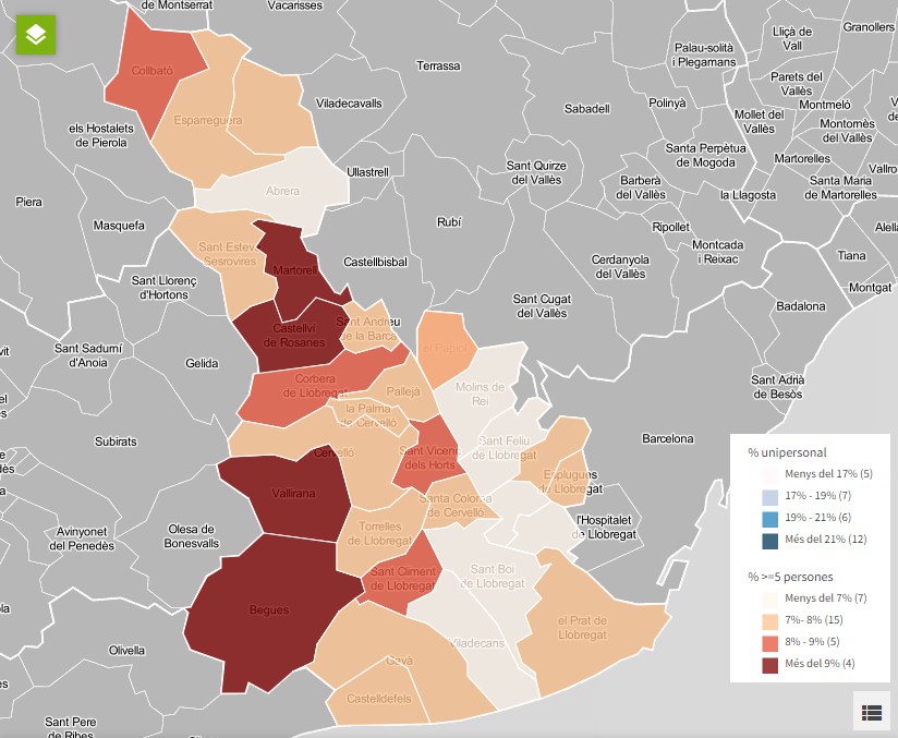 % VIVIENDAS UNIPERSONALES Y % VIVIENDAS CON 4 PERSONAS Y MÁS (CCBL)