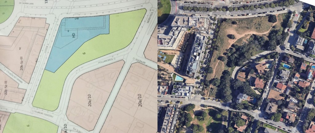 Vista del proyecto (a la izquierda) y vista aérea en Google Maps (derecha)