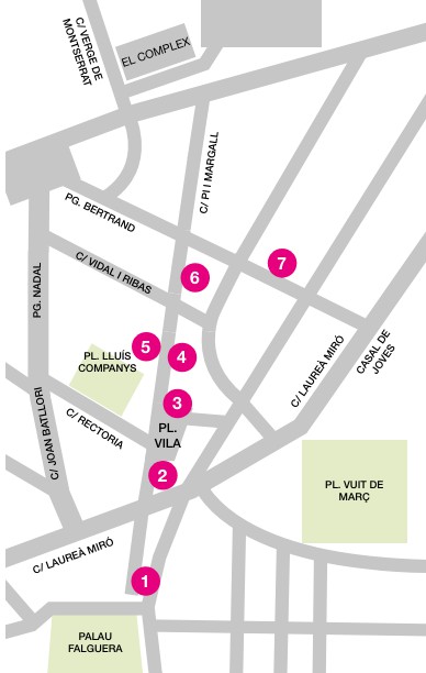 Mapa de la localización de los edificios que participan en la muestra 'Façanes amb roses