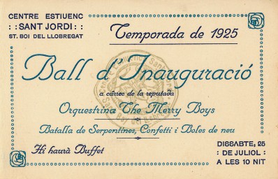 nvitació al ball d’inauguració de la temporada, a càrrec de “The Merry Boys”. (foto: Arxiu Històric Municipal de Sant Boi)