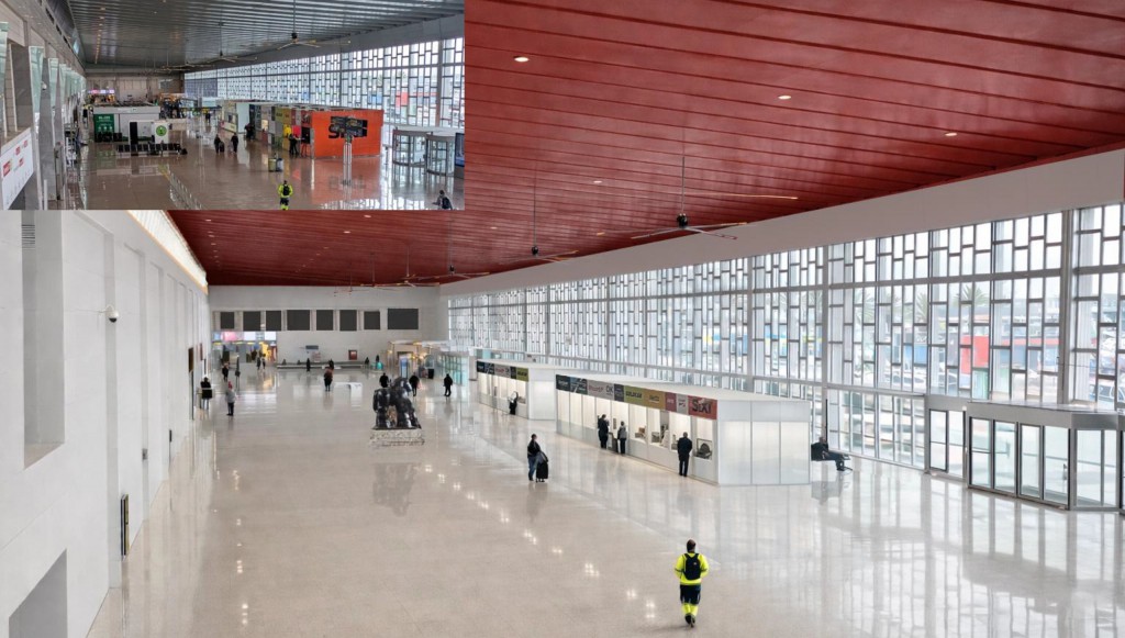 Render del vestíbulo de la T2 renovada y en pequeño el estado actual